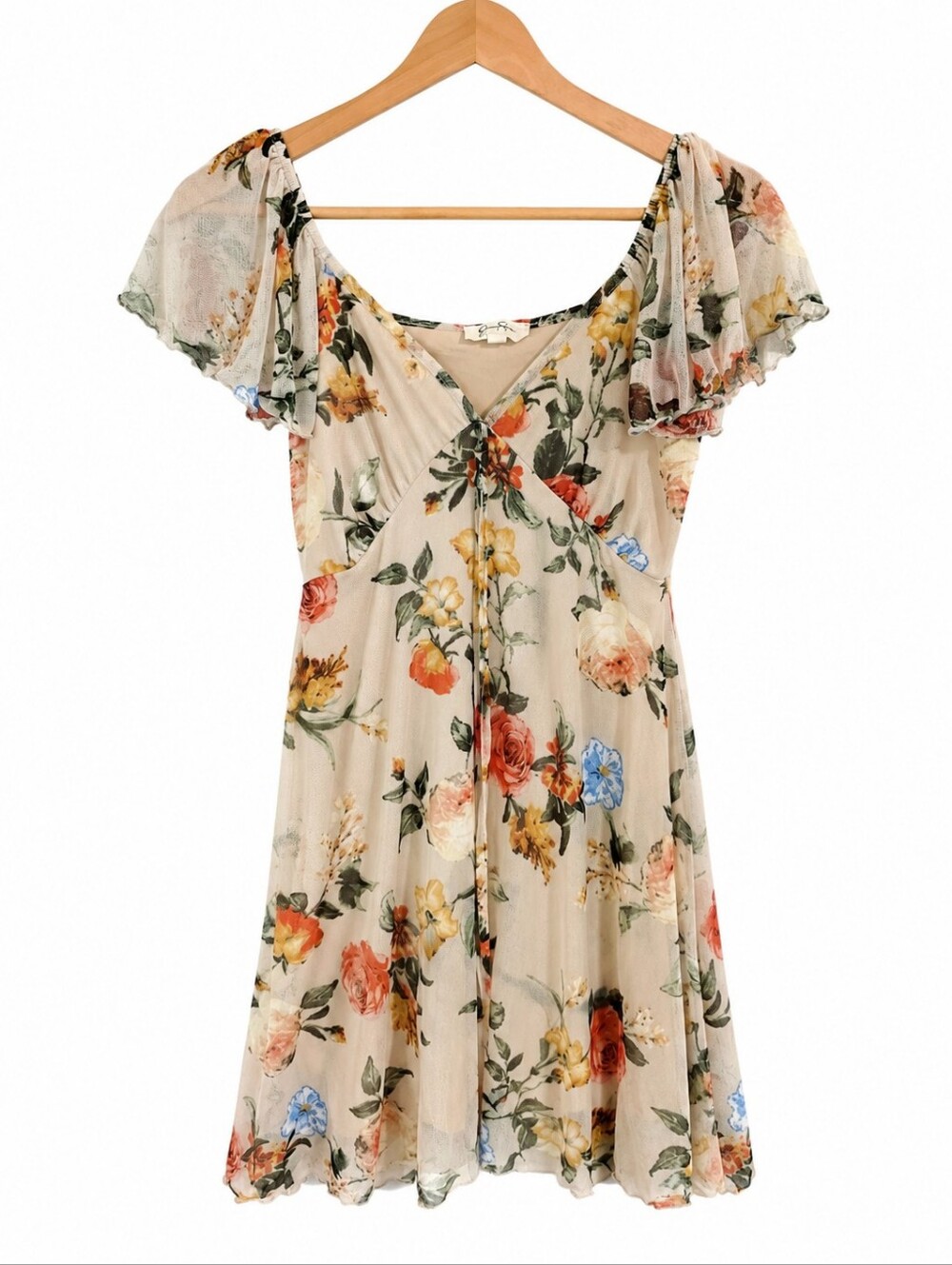 Jessica Simpson Floral Mesh Mini Dress Cottagecore Y2K Fairycore Puff Sleeve Siz